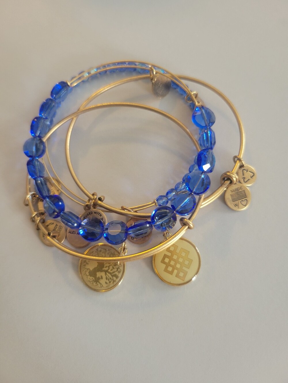 Alex and Ani Gold Bangle Bracelet Set of 4 - Blue Beads, Tree of Life & Endless